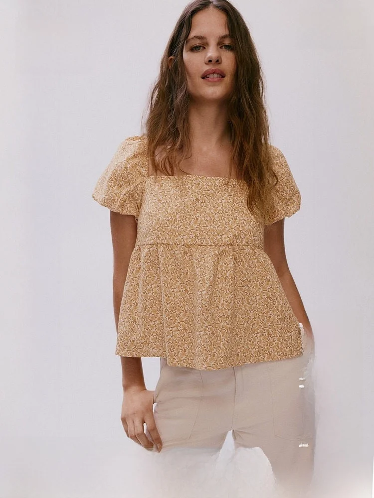 

Женская рубашка H&M с рукавами-фонариками, лето 2026, в американском стиле Sweetheart, с завязками на спине, из хлопка, винтажный крой, короткий рукав, квадратный воротник