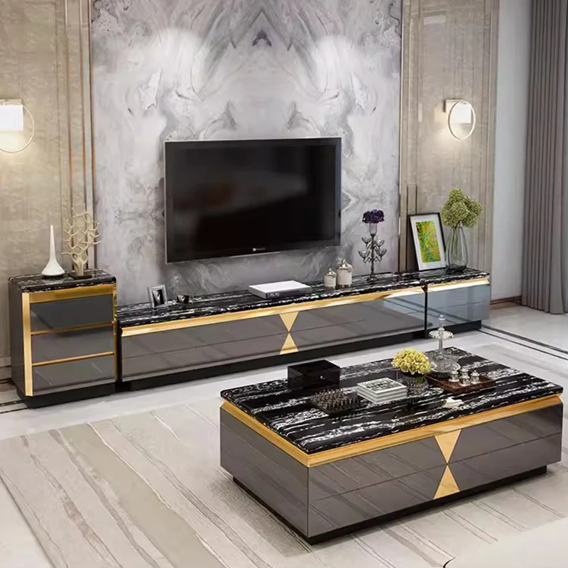 

Living room furniture set Metal center coffee table with drawers Modern luxury glass coffee table and TV stand
