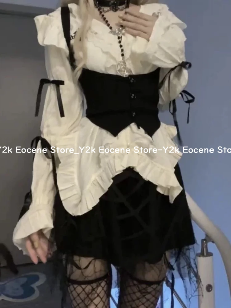 Subculture Vintage Lace Ruffle Trim Bow Tie Backless Blouse Women Slim Fit Long Sleeve Y2k Streetwear Female Trendy Casual Tops