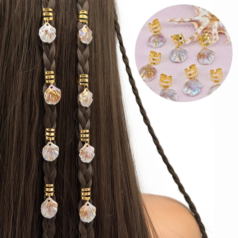 

10pcs Gradient Shell Hair Ring Set Boho Hollow Braid Hair Accessories Handmade Dreadlock Hair Decoration for Women Daily Travel