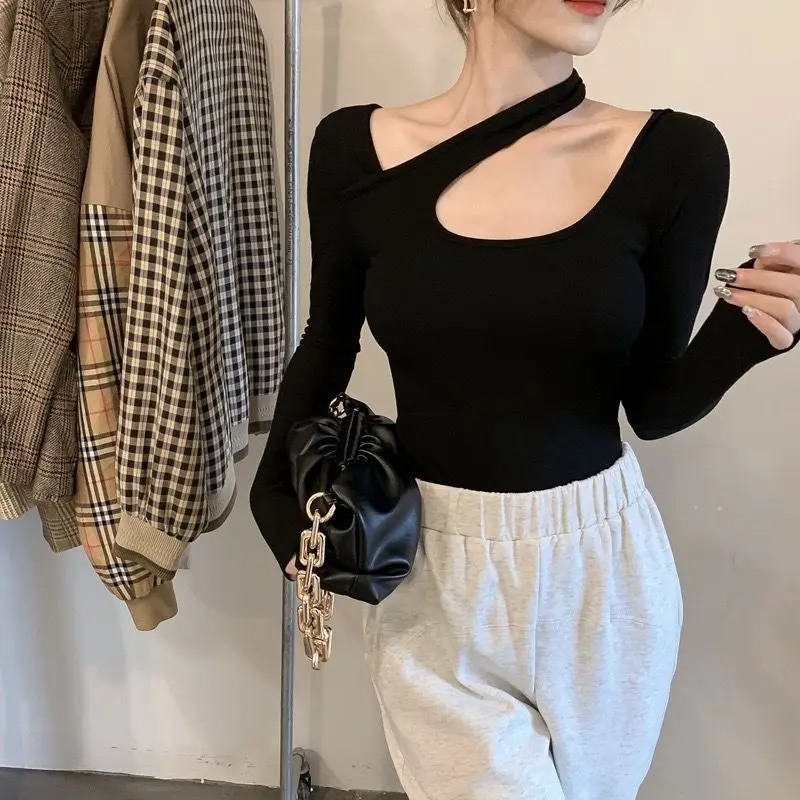 Spring Autumn New Slim Sexy Hollow Out T Shirts Long Sleeve Solid All-match Y2K Tops Tees Fashion Temperament Women Clothing