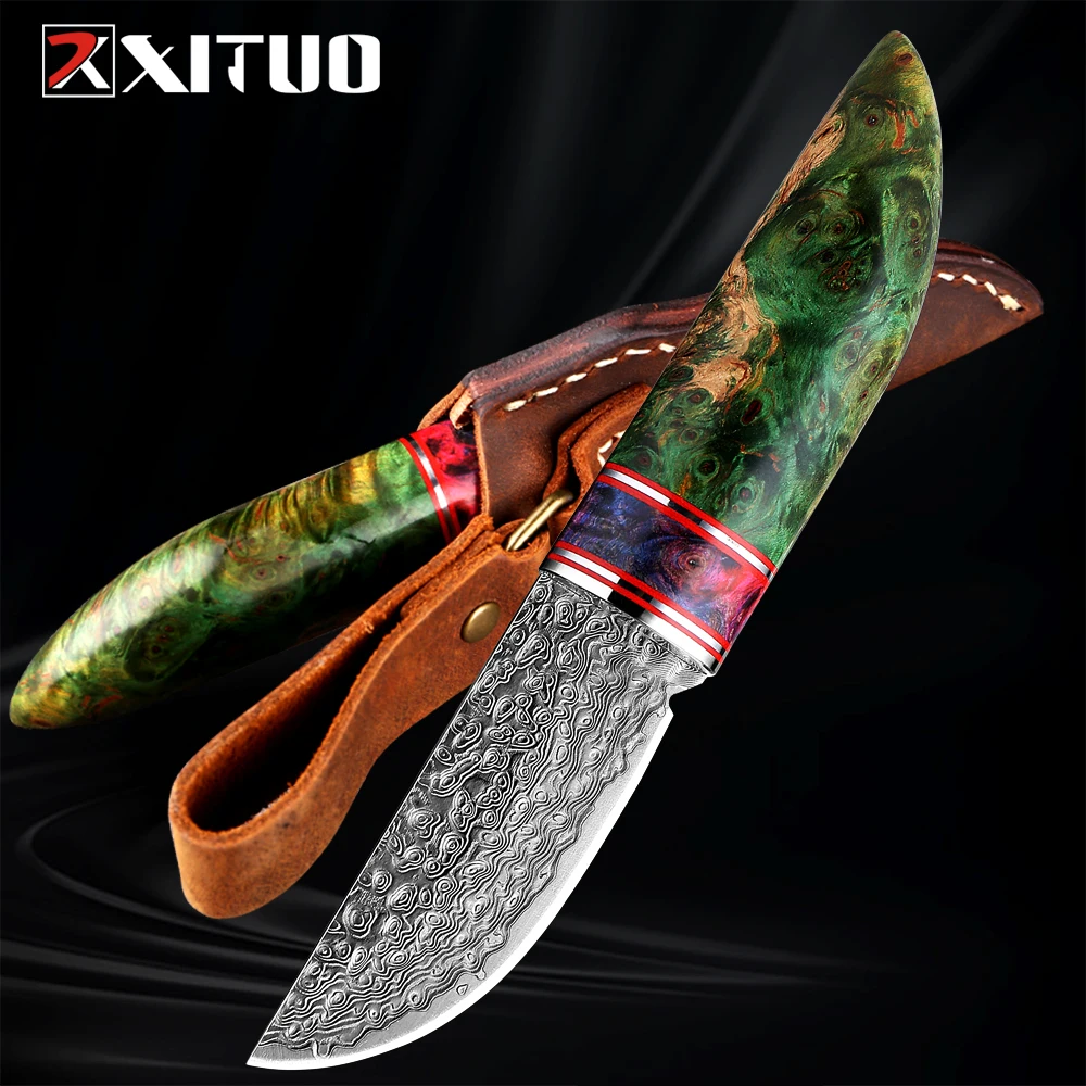 

XITUO Damascus Steel Fixed Blade Knife Super Sharp Blade Outdoor Camping Knife Fruit Knives Stabilised Wood Handle Scabbard