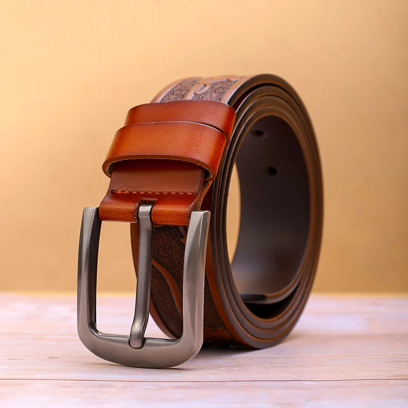 حزام جلد منقوش على الموضة للرجال بإبزيم حديث مناسب للجينز وإكسسوارات الاتجاه اليومي وحزام خصر مضغوط عتيق #4