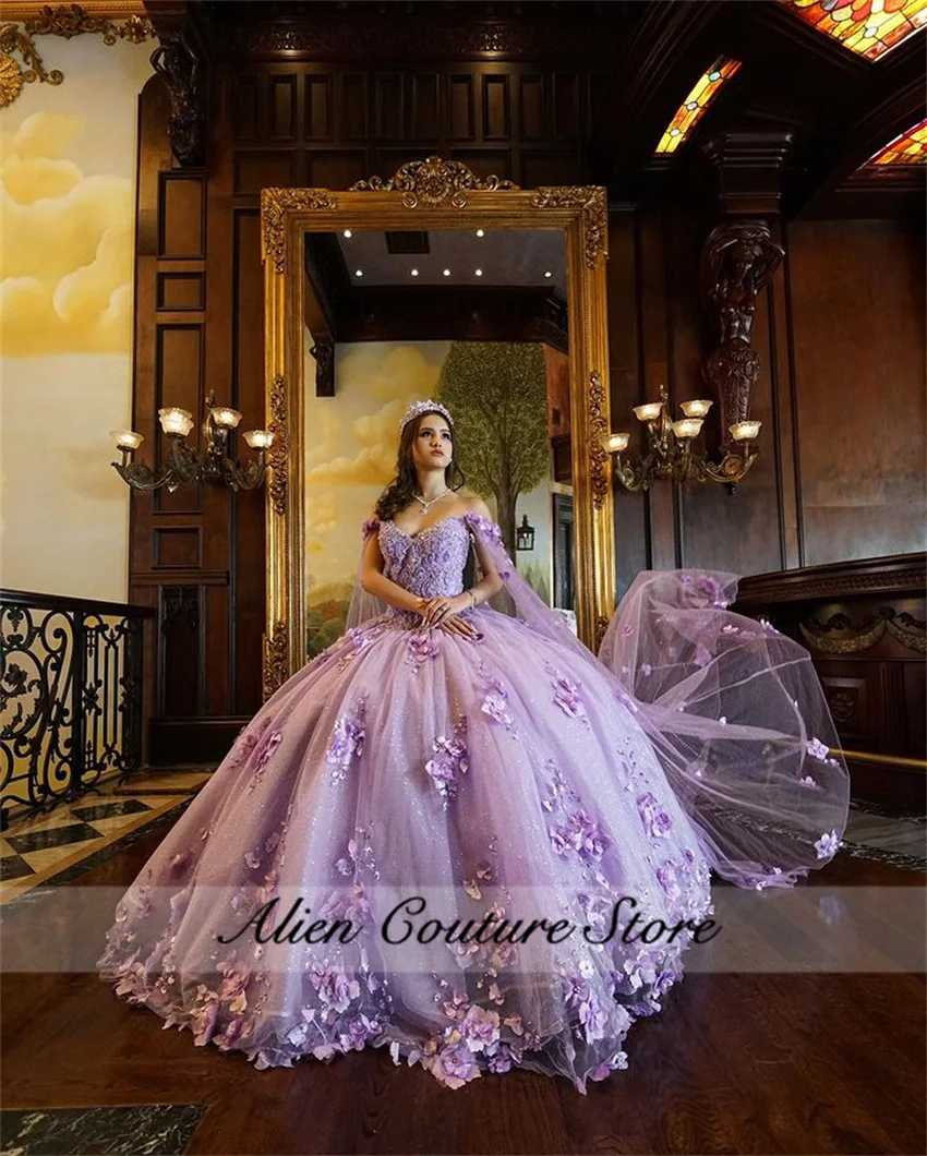 Purple Quinceanera Dresses 2024 Birthday Princess Floral Appliques Sweet 15 Years Girl With Cape Vestidos