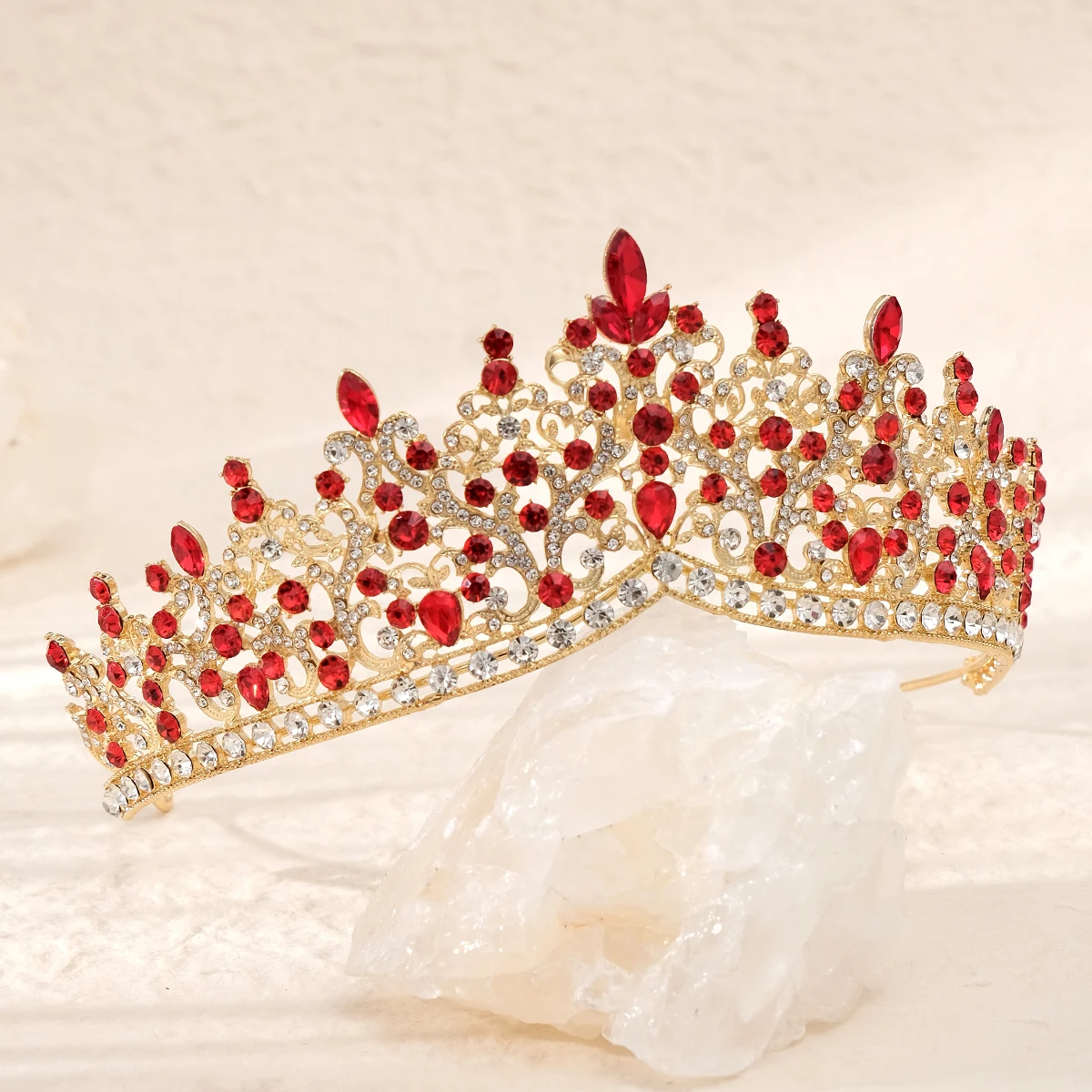 Rote Luxus Braut Hochzeit Krone handgemachte Strass elegante Tiara Halloween rote Kollektion Haarbänder Kopfschmuck Zubehör – Detail 16