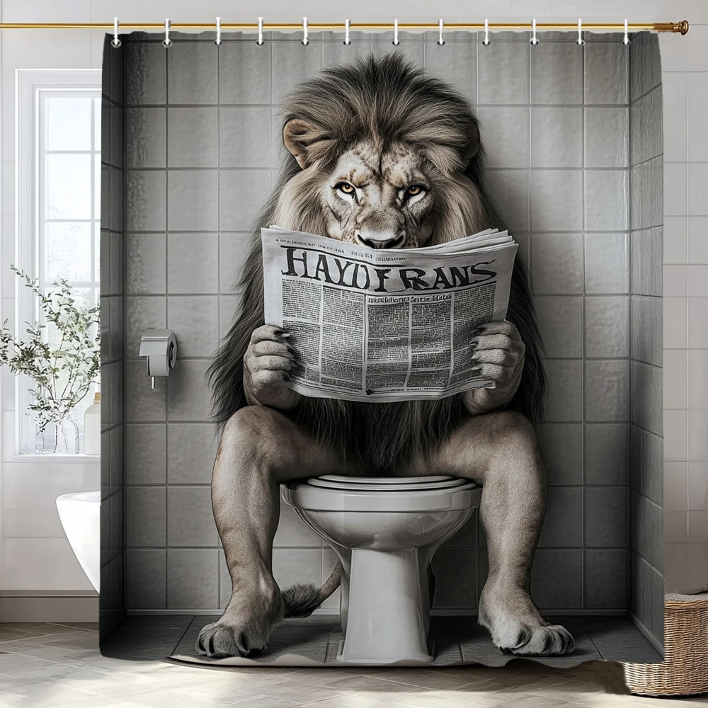 

Забавная занавеска для душа с изображением льва, читающего газету, полиэстеровая занавеска для душа с крючками, декоративная занавеска для ванной комнаты