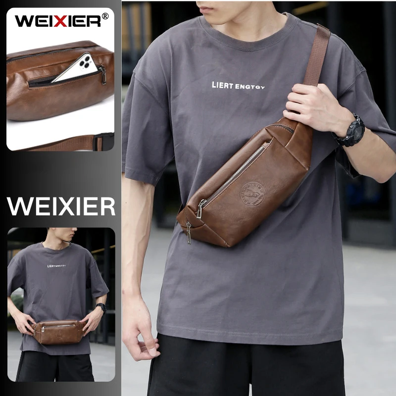 WEIXIER Man Retro High Capacity Sports Waist Bag PU Material Bag Body LOGO Business Men Crossbody Bag Multifunctional Waterproof