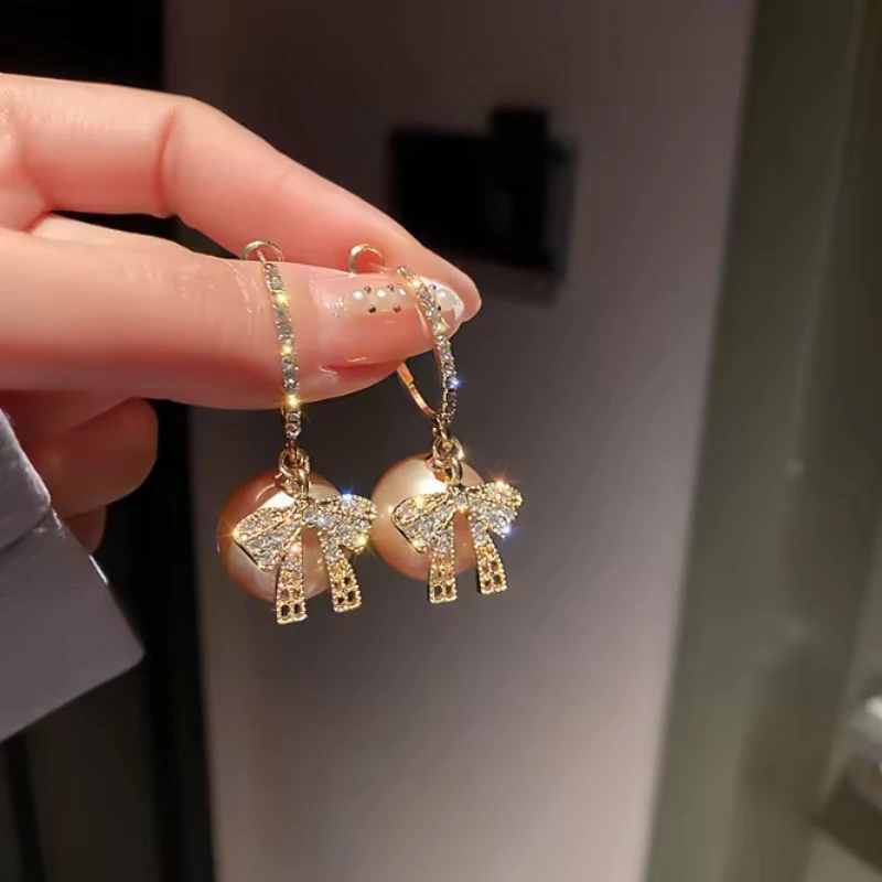 Sparkling Inlaid Zircon Bow Earrings, Red Imitation Pearl Earrings, Jewelry Gifts for Women New Year's and Christmas Parties image 4