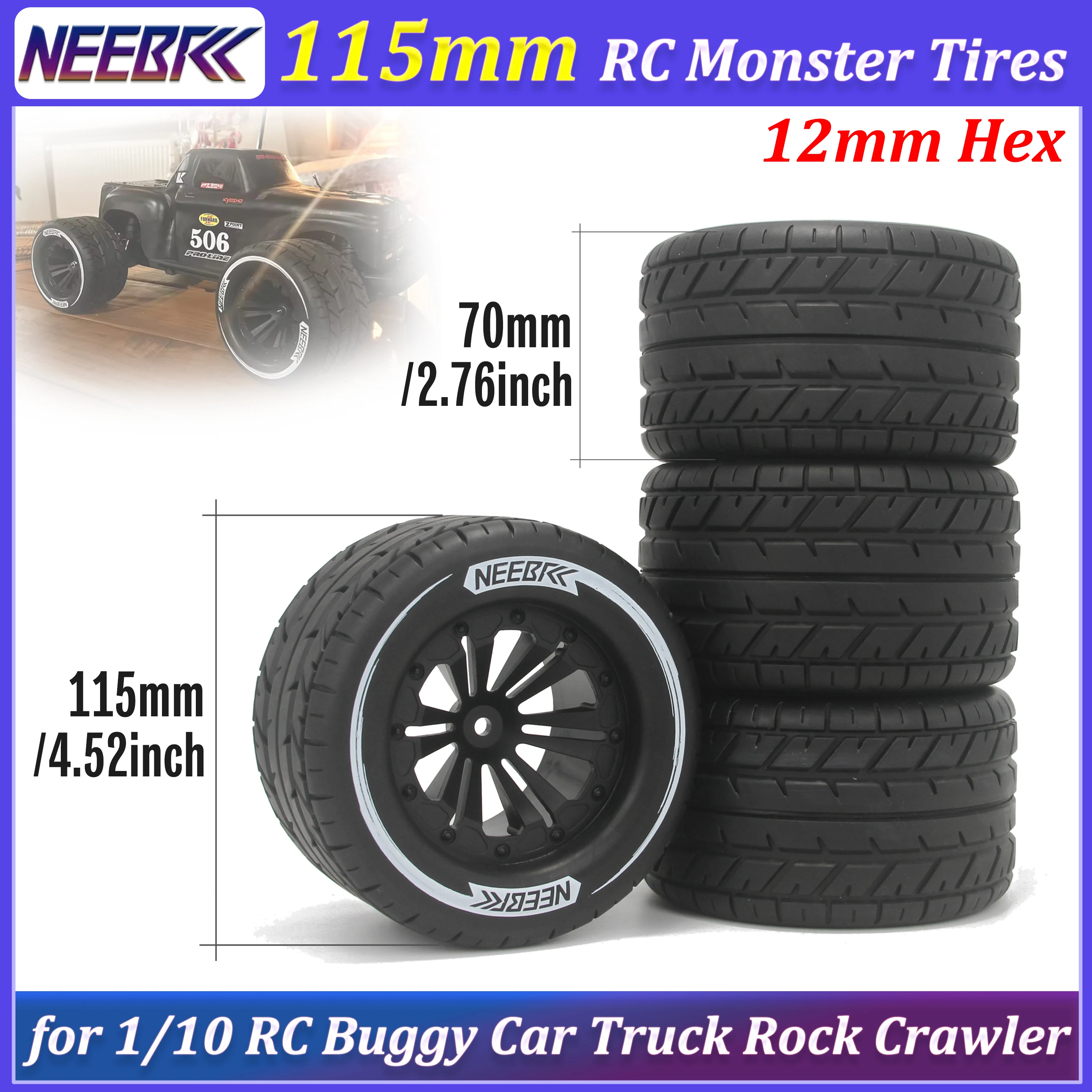4PCS 115mm Monster Tires 12mm Hex Skidproof Wheel Tyre for 1/10 RC Buggy Car Rock Crawler Truck HPI HSP Savage XS TM Flux LRP