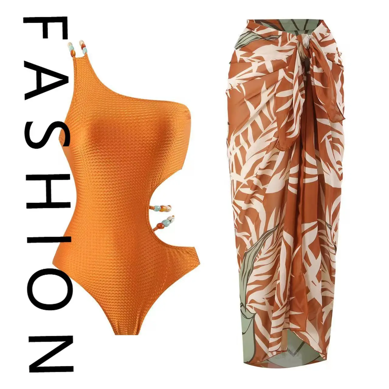 

2025 new one-piece swimsuit women's bikini split suit beach skirt wrap skirt positioning printing to cover the belly and look th