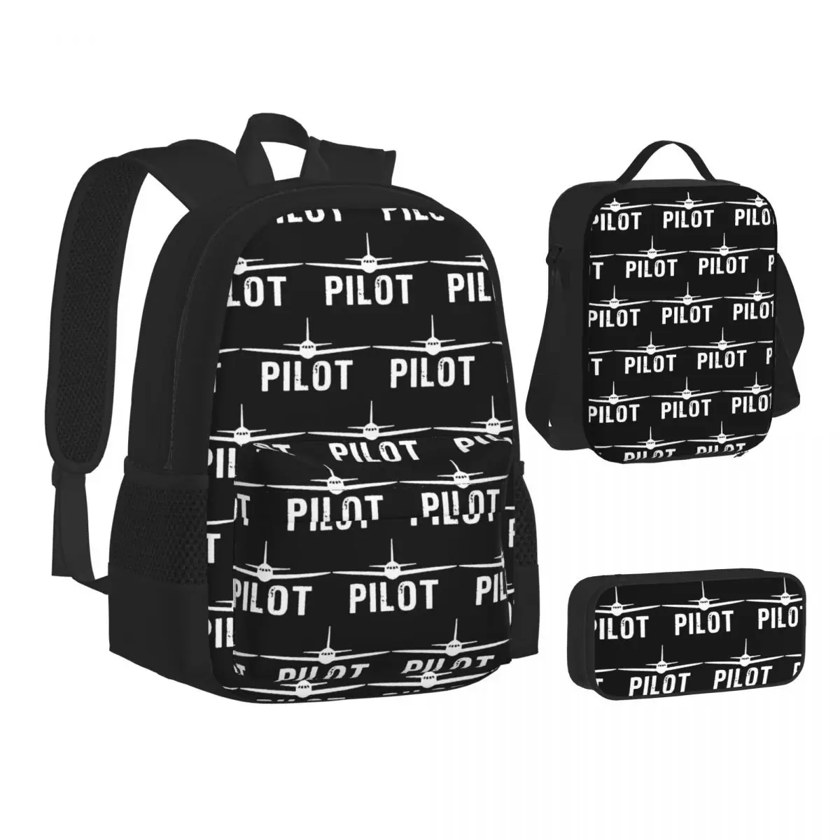Born To Fly Captain Stripes Flight Pilot Airplane Backpacks Bookbag School Bags Rucksack Lunch Bag Pen Bag Three-Piece Set