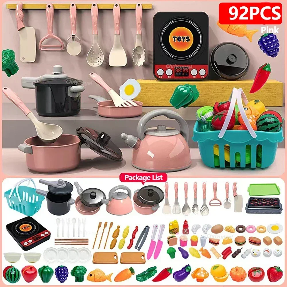 Kinderen Keuken Speelgoed Set 92/86/69/59PCS Spelen Keuken Accessoires Kit met Speelpotten Pretend Voedsel Koken Speelgoed Peuter Meisjes Jongen Gift