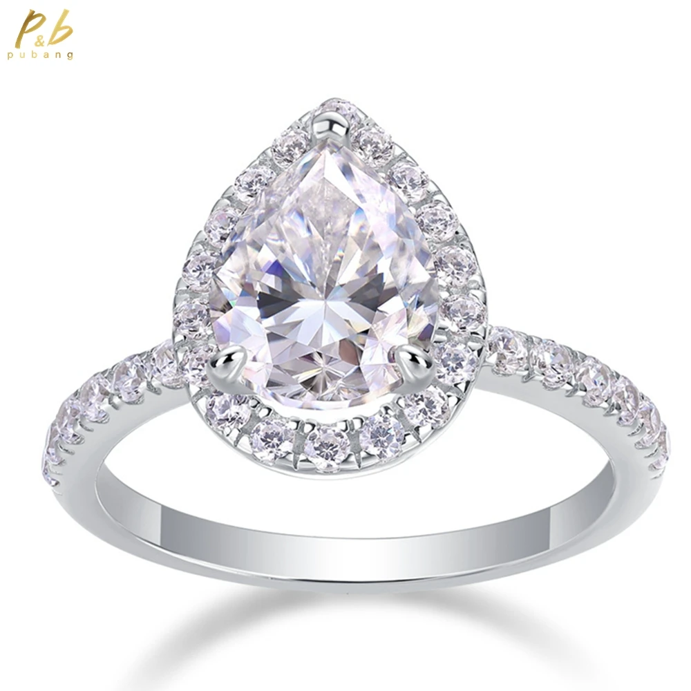 

PuBang Fine Jewelry 925 Sterling Silver VVS1 3EX D Color Pear Cut 2.5 CT Real Moissanite Diamond Engagement Rings for Women