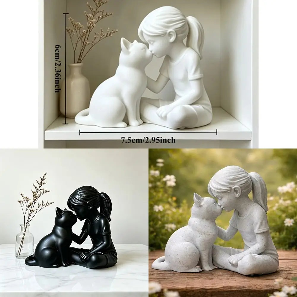 3D Printed Girl and Cat Sculpture Plastic Unique Desktop Cat Figurine Crafts Cute Animal Girl Cat Ornaments Bedroom Decor