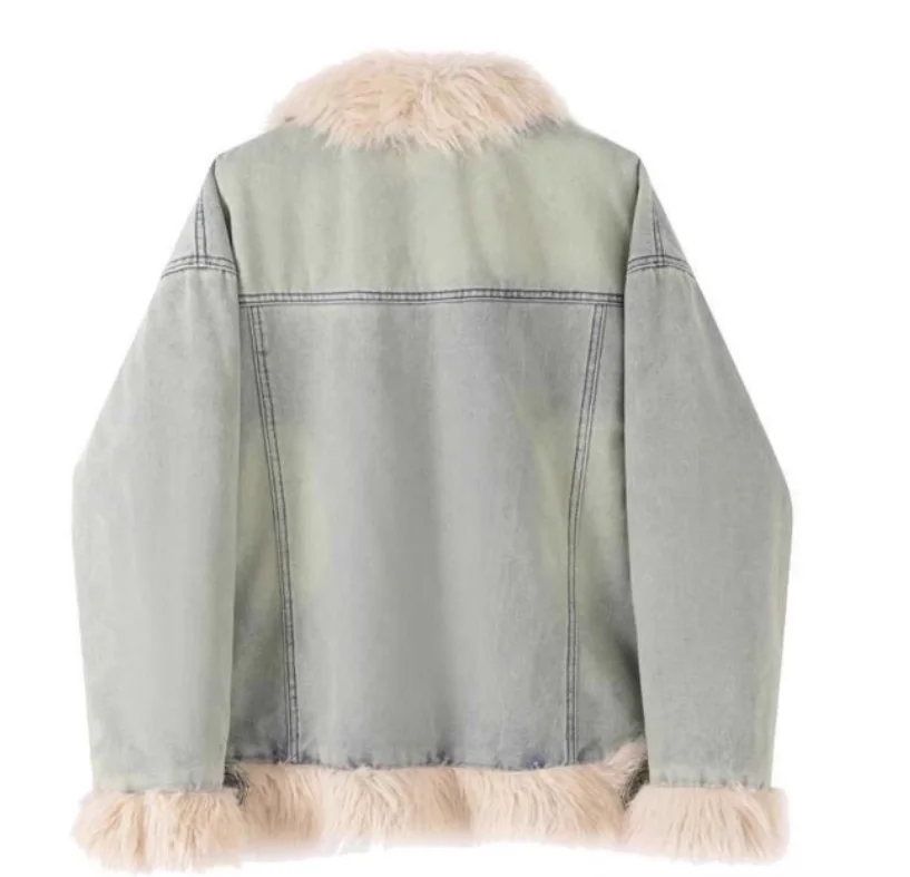 Damska zimowa kurtka dżinsowa z dodatkowymi elementami, ocieplana bawełną, w stylu retro, modna, luźna, uniwersalna, odmładzająca, z długim rękawem.