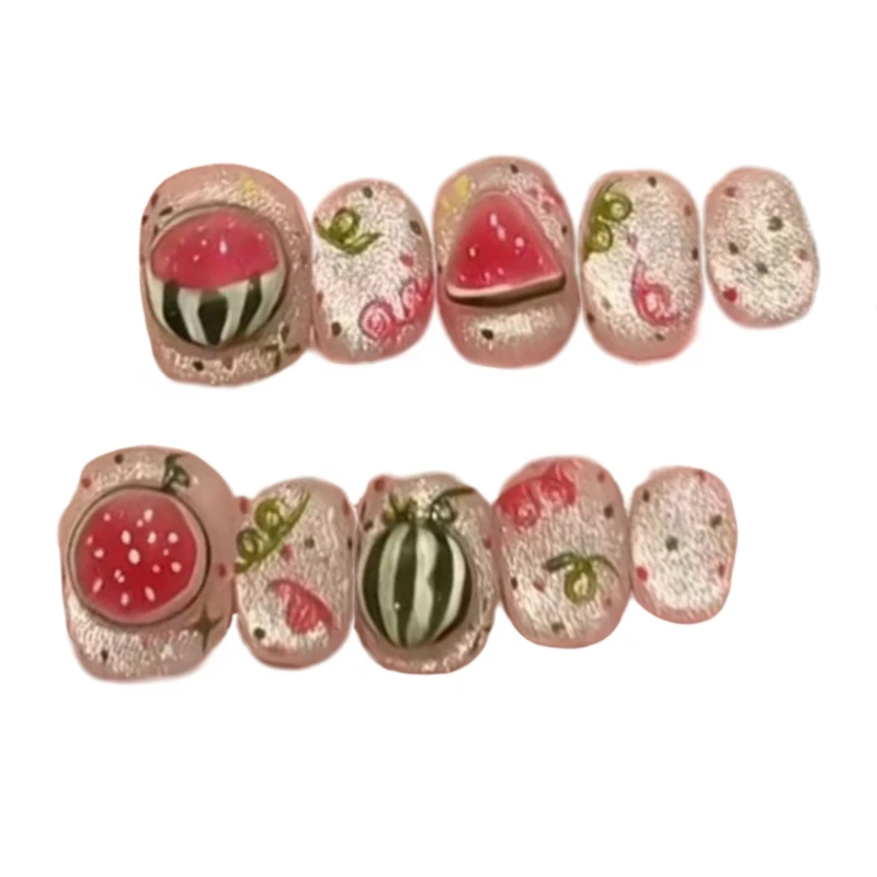 10 Pieces Summer Cold Watermelon Handmade Press On Nails Cute Fresh Translucent Short False Nails Removable Reusable
