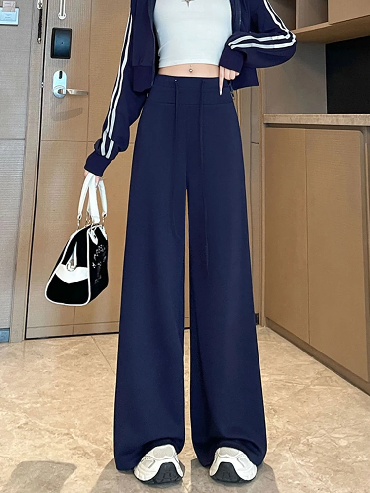 Koreańskie spodnie sportowe typu stringi z wysokim stanem, damskie, jesienne, nowe, jednokolorowe, zwiewne, z szerokimi nogawkami, uniwersalne, wyszczuplające.