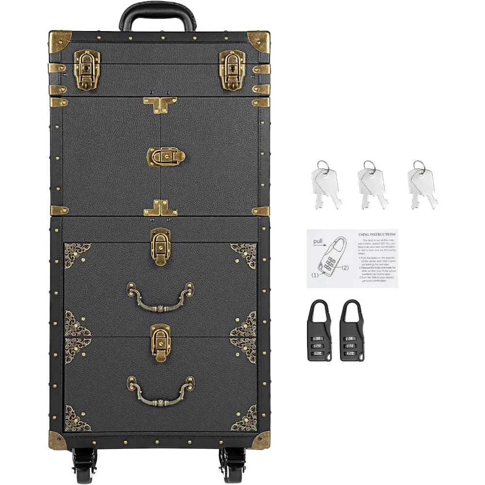 Rolling Lockable Makeup Train Case, Cosmetology Case on Wheels Hairstylist Traveling Bag with Hairdryer Holder, Salon Storage To