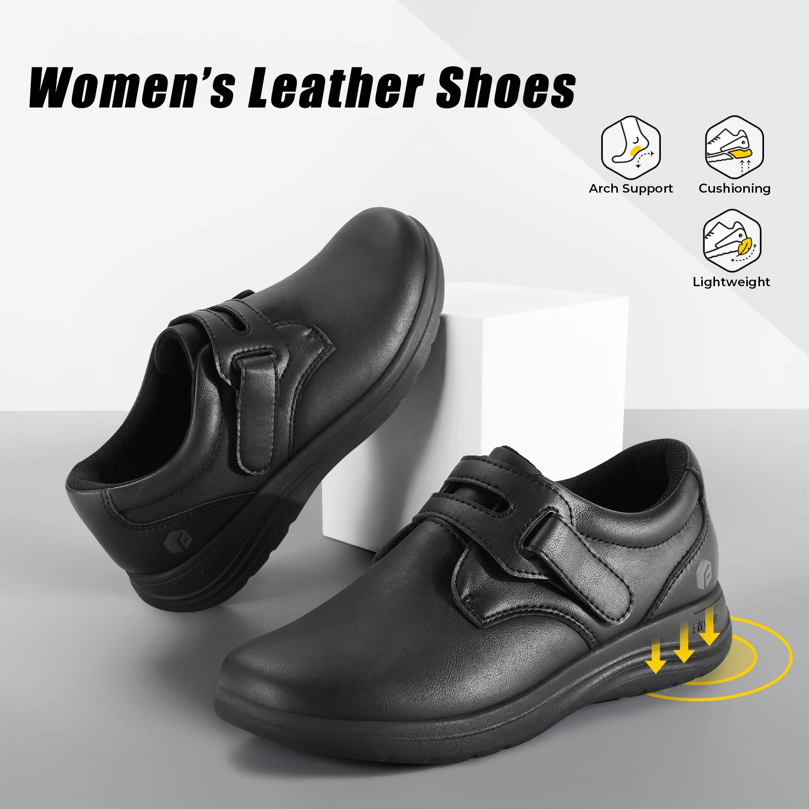 FitVille Leather Women's Shoes Extra Wide Diabetic Shoes Slip-On Walking Shoes For Womens Swollen Feet with Arch Support