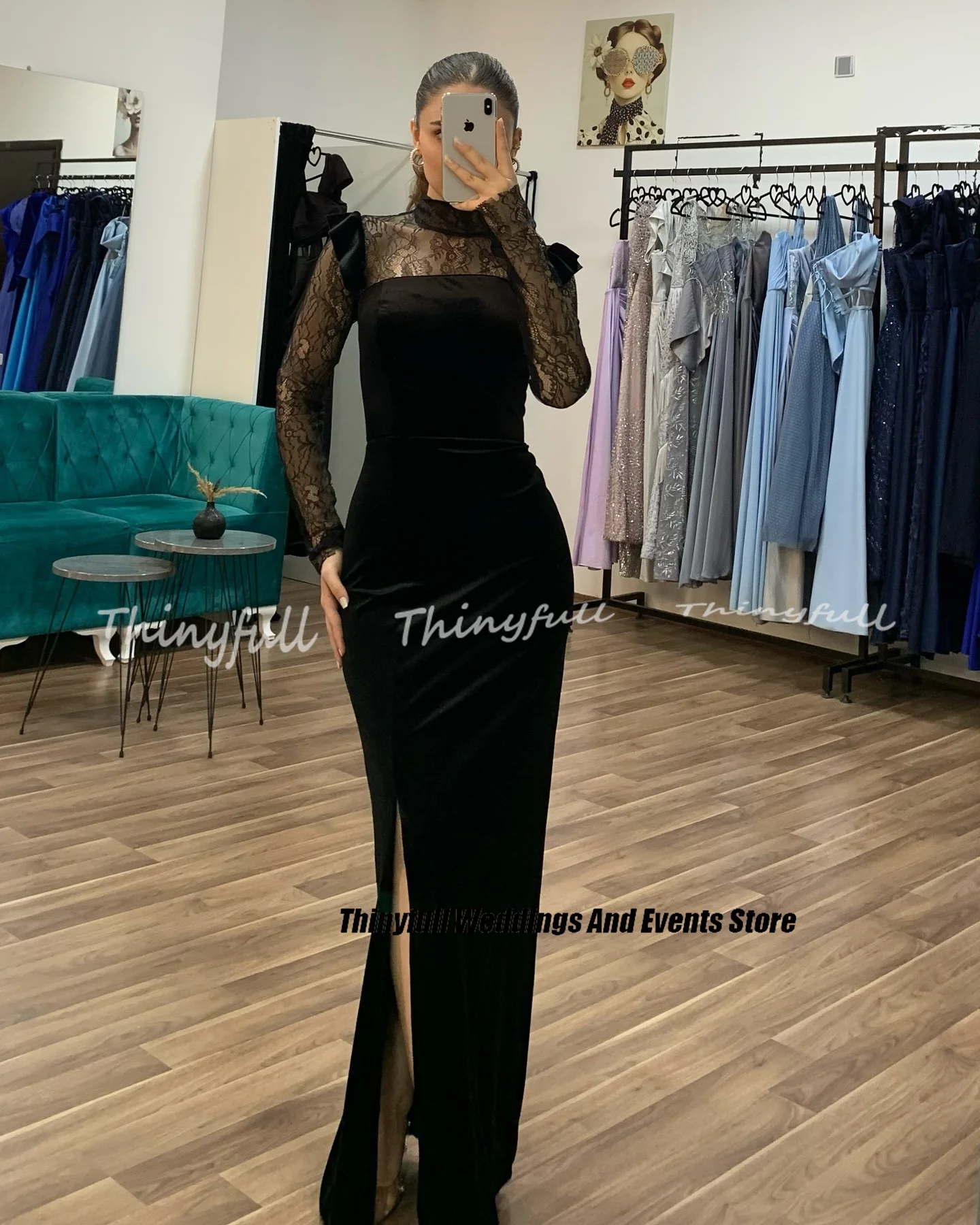 Thinyfull 인어 벨벳 무도회 드레스, 하이 넥 레이스 슬리브, 이브닝 가운, 스플릿 공식 행사 원피스 가운, 맞춤형