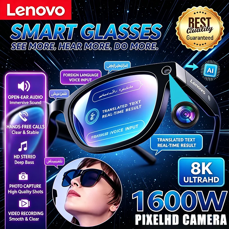 Lenovo AI Smart Glasses 2026 New 8K HD Capture Bluetooth Call Logging Translation Music Play for Men Women Daily Usage
