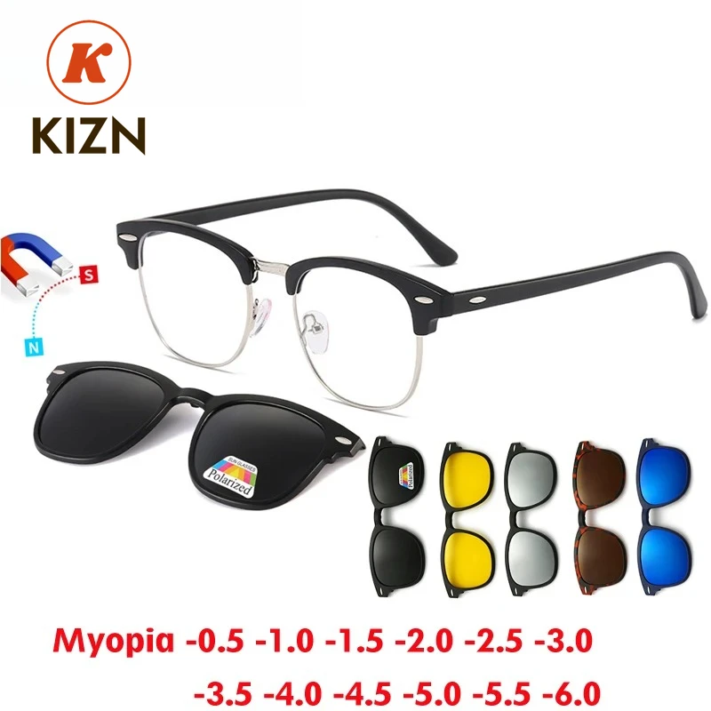 

KIZN 6 In 1 Myopia Polarized Sunglasses Men Women Clip Magnet Classic Style Glasses Custom Optical Eyewear Frame -0.5 to-10