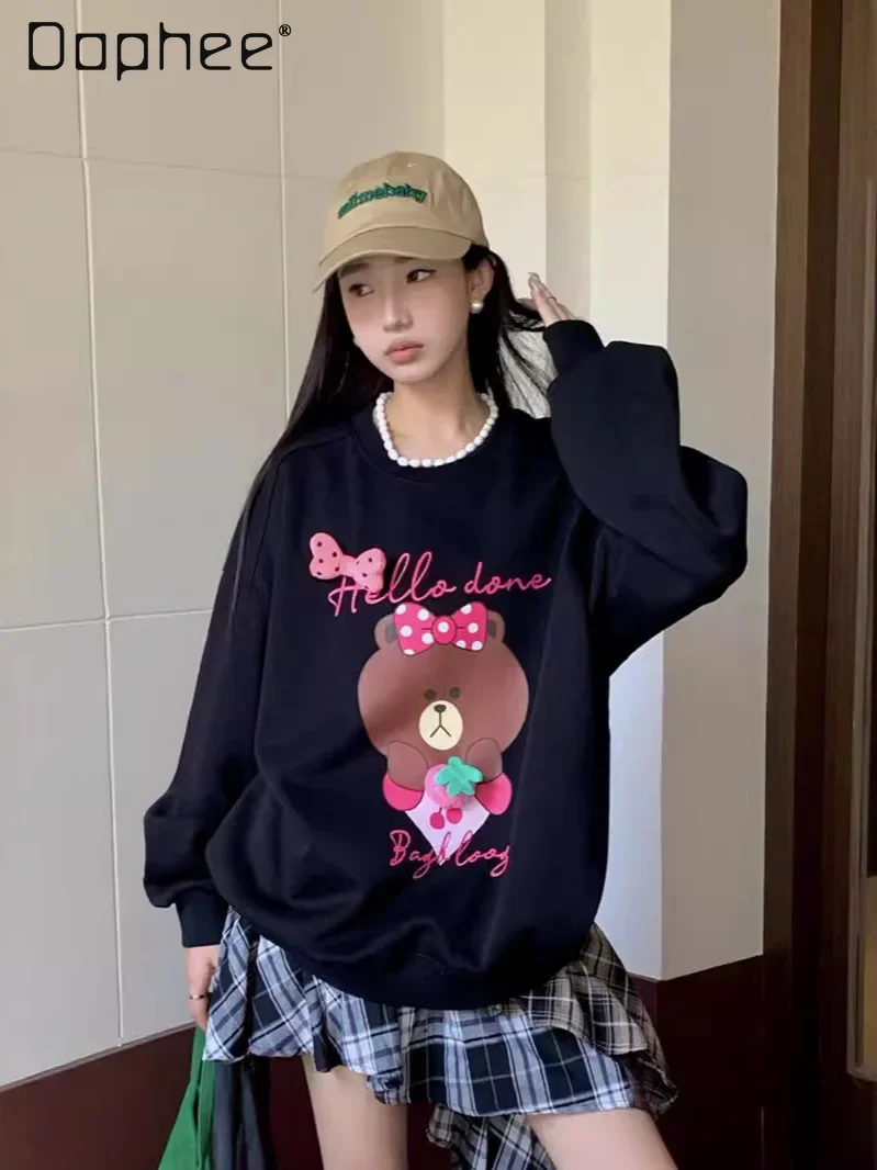 

European Oversized Crew Neck Long Sleeve Sweatshirts Autumn 2024 Korean Version Loose Cartoon Print Pullover Hoodies Women