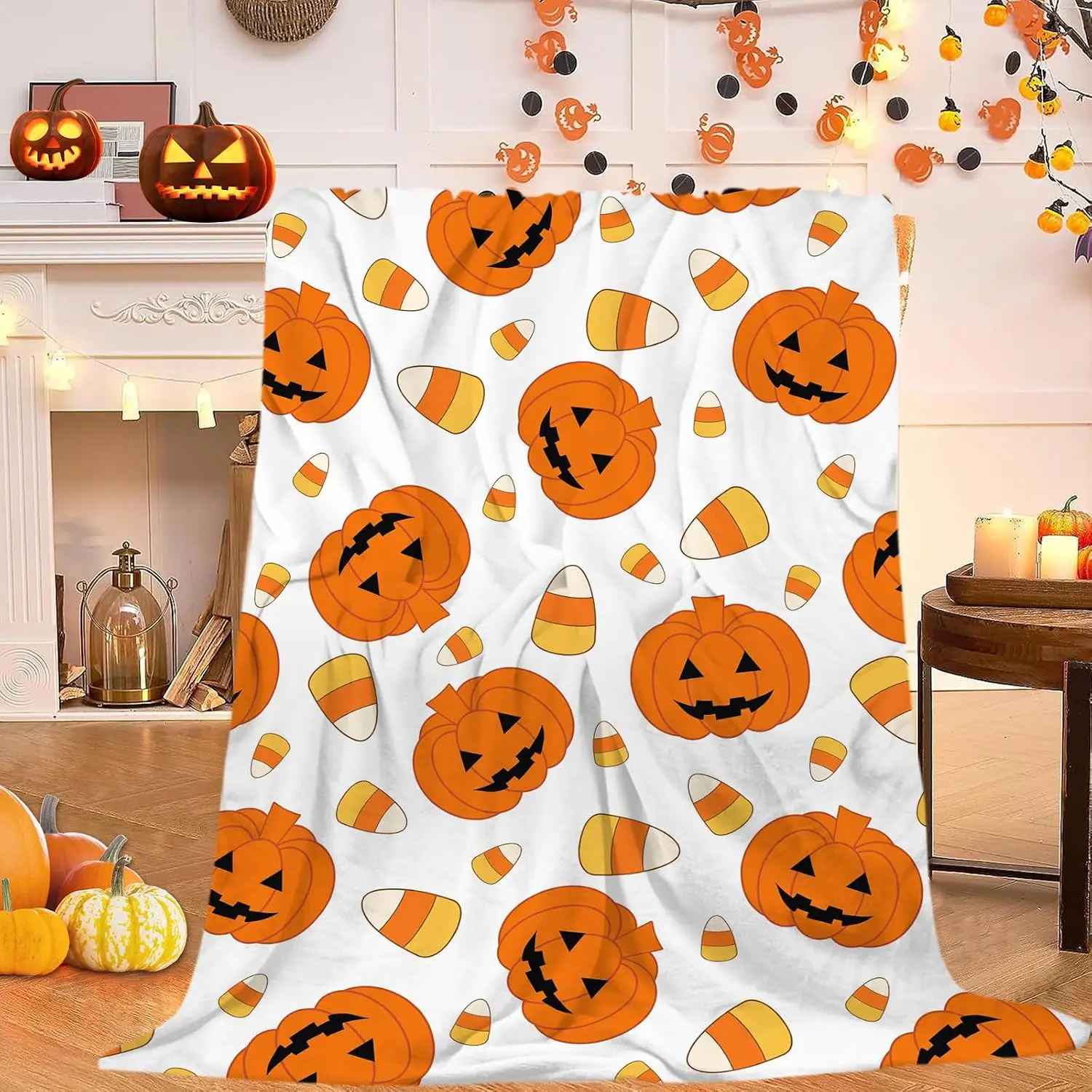 Halloween Throw Blanket Fall Halloween Orange Pumpkins with Candy Corns Throw Blankets Ultra Soft Blanket Lightweight Bed Blanket for Couch Sofa Bed Home Decorations 40x50 Inch