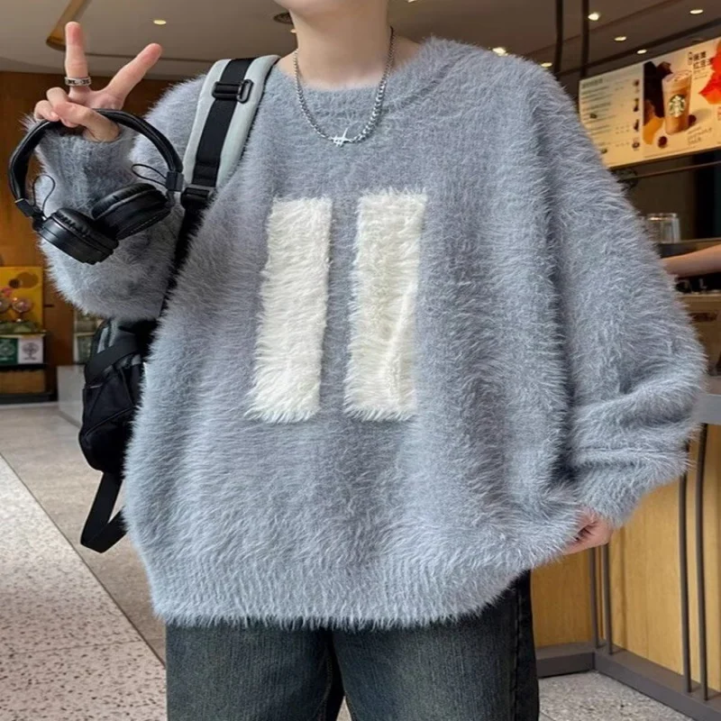 Suéter jacquard adolescente imitação de lã de vison, novo estilo para meninos no outono e inverno, base larga solta, malha