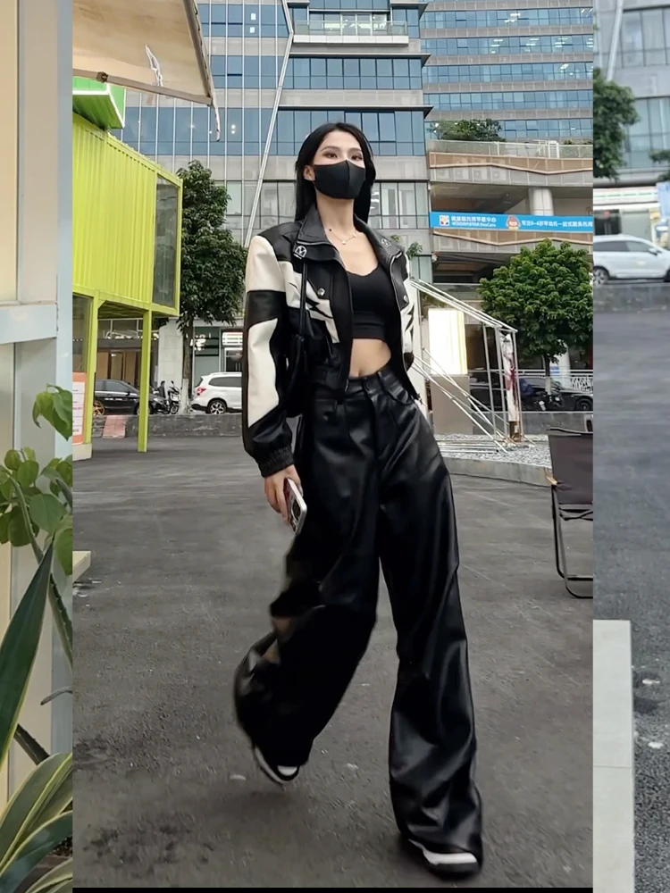 High Street Punk Vibe Stil hohe Taille lose Hose mit weitem Bein Falten drei dimensionales Design gerade pu Lederhose Hose