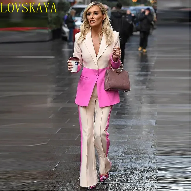 Suit Pants Set, Two-piece Office Women's Color Matching Business Single Button Open Front Pants, Formal Suit Pants Set