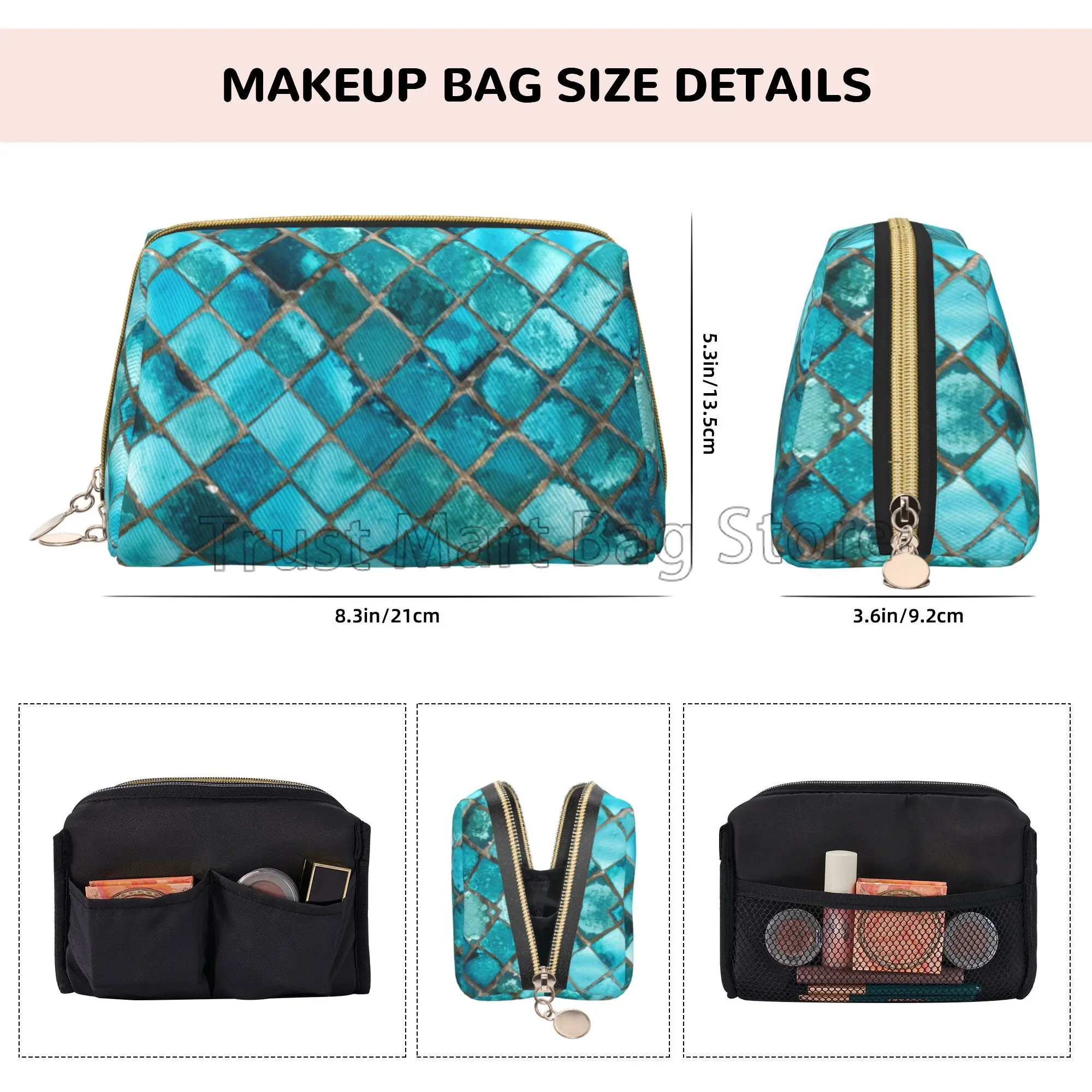 Turquoise Blue Makeup Bag Leather Women Travel Toiletry Pouch Cosmetic Bag Portable Multifunctional Storage for Friend Wife Gift