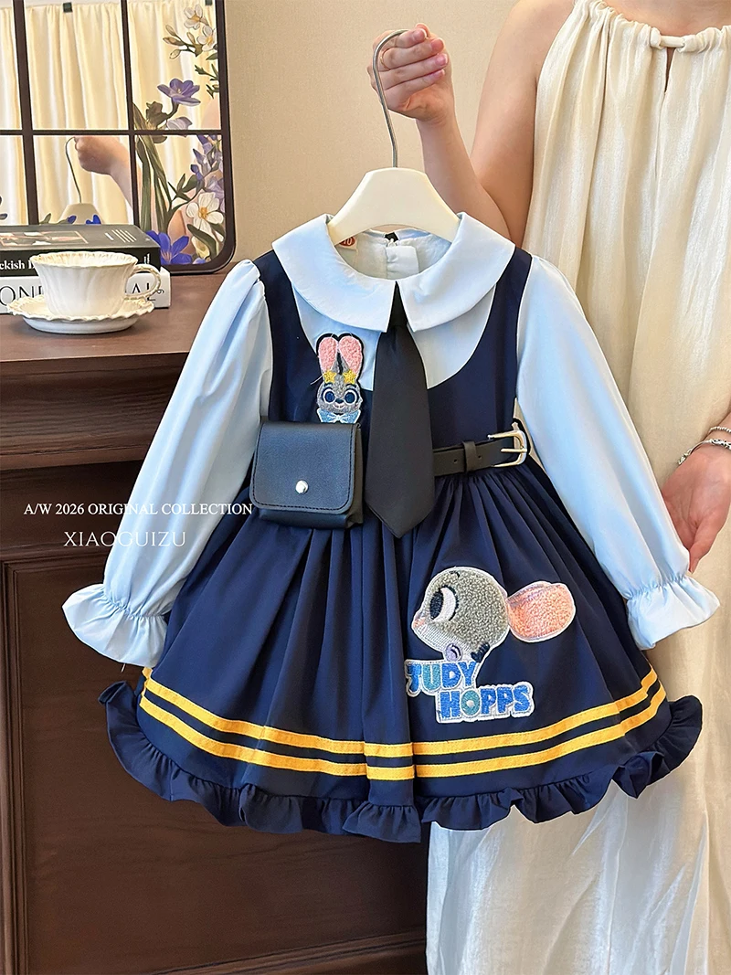 

Платье для девочек с изображением кролика, новые весенние детские пышные платья с героями мультфильмов Джуди, корейские контрастные платья с длинными рукавами и лацканами