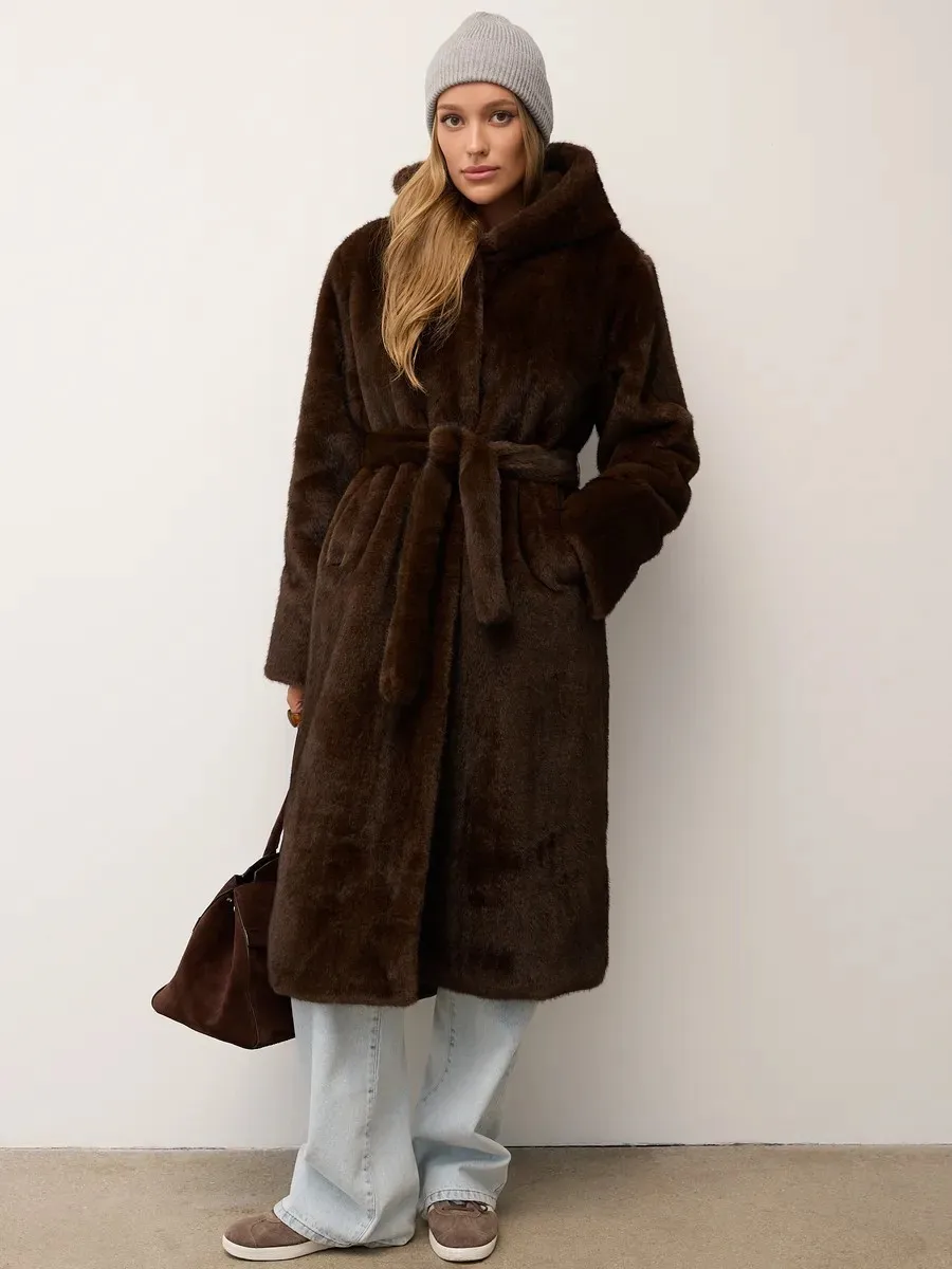 

Новое зимнее женское пальто из искусственного меха норки, длинное пальто с капюшоном и поясом из искусственного меха.