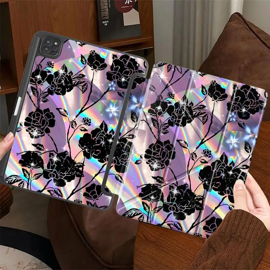 

Фиолетовый чехол-подставка с блестящими цветами для iPad Pro 11-го, 10-го, 9-го, 8-го, 7-го поколений, 12.9-дюймовых моделей Pro 2025, Air 4, 5, M3, M2, M4, 11-дюймовых Mini 6, 7