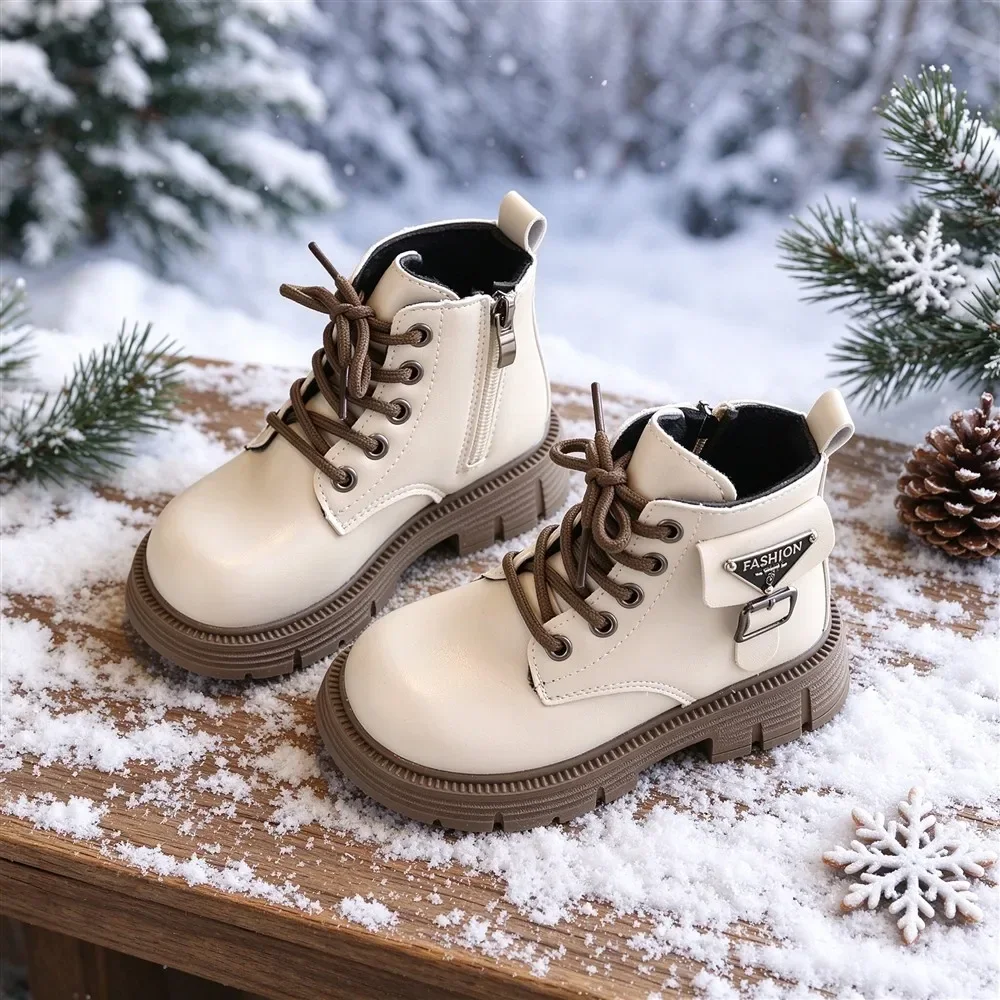 Kids Fleece Lined Ankle Boots, Lace-up & Side Zipper, Metal Label Decor, Non Slip Thick Sole Boots for Winter Daily Walking Wear