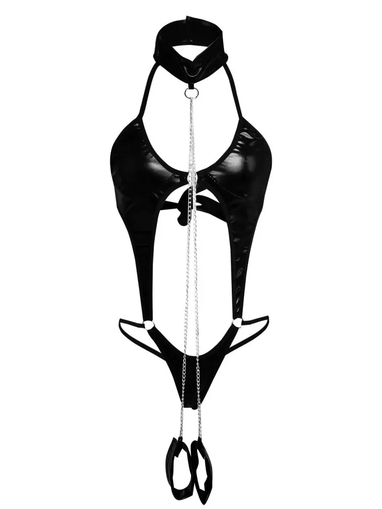 Black PU Leather Bodysuit Sexy Lingerie Women Underwear Hollow Out Backless Halter One-Pieces Bodysuits with Chain Handcuff Set