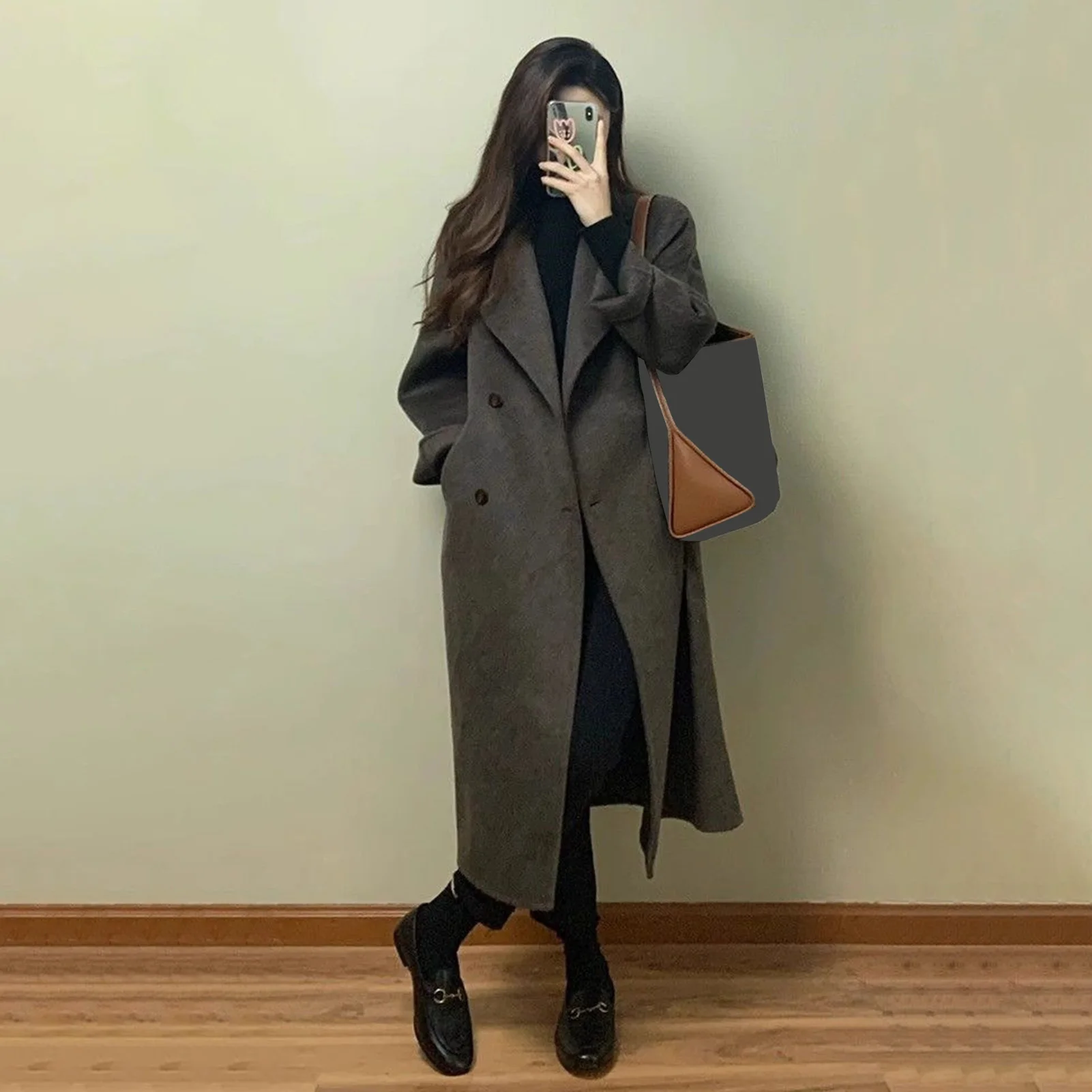 Women\'s Long Double-Breasted Women\'s Wollen Coat With Pocket Solid Warm Lady Coats 2025 Autumn Winter Elegant Female Streetwear