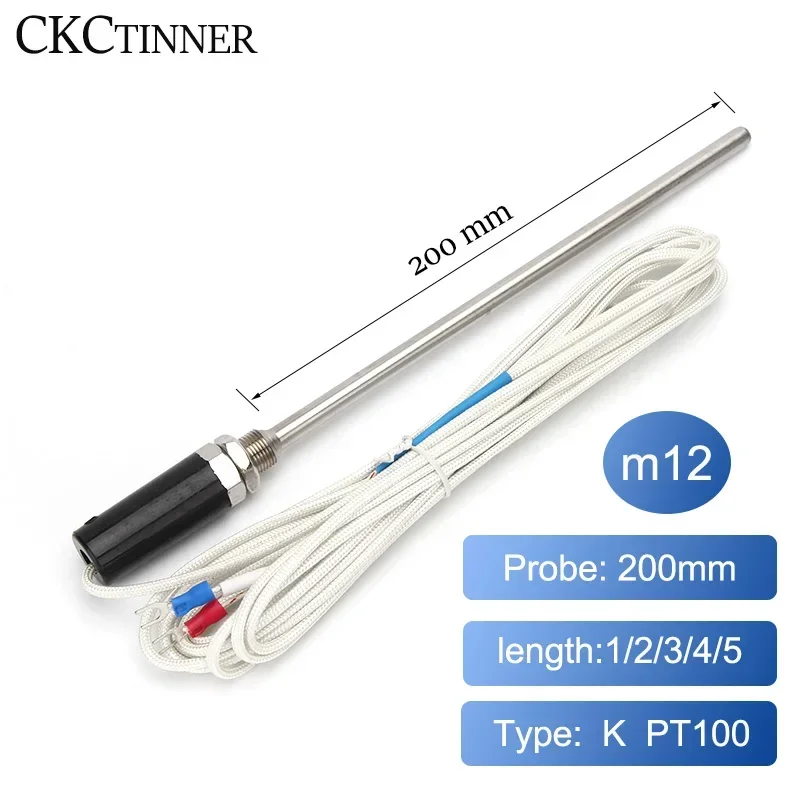 Thermocouple 200mm Thread M12 Type K PT100 Temperature Sensor Length 1/2/3/4/5M 0-600°C Probe Temperature Controller Screw Probe