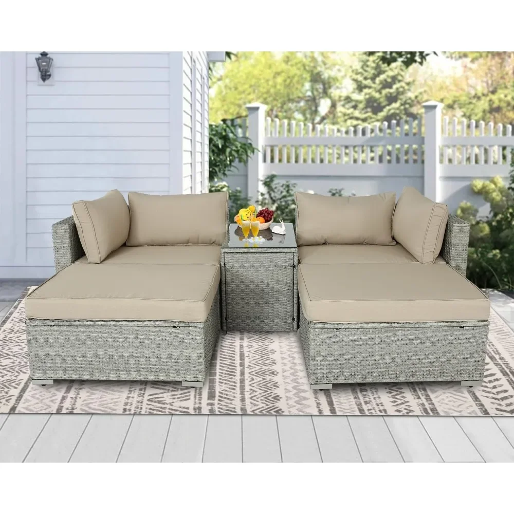 5 Pieces Patio Furniture Set Outdoor Sectional Rattan Daybed Conversation Sofa Set Wicker Couch with & Tempered Glass