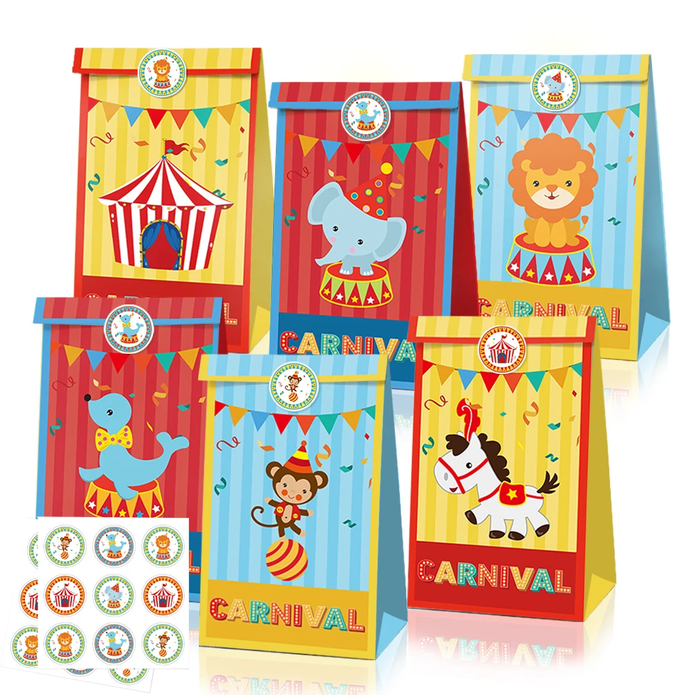 

LB013 12pcs Carnival Circus Show Animals Birthday Party Paper Gift Bags with Stickers Biscuit Cookies Toys Kraft Paper Bags