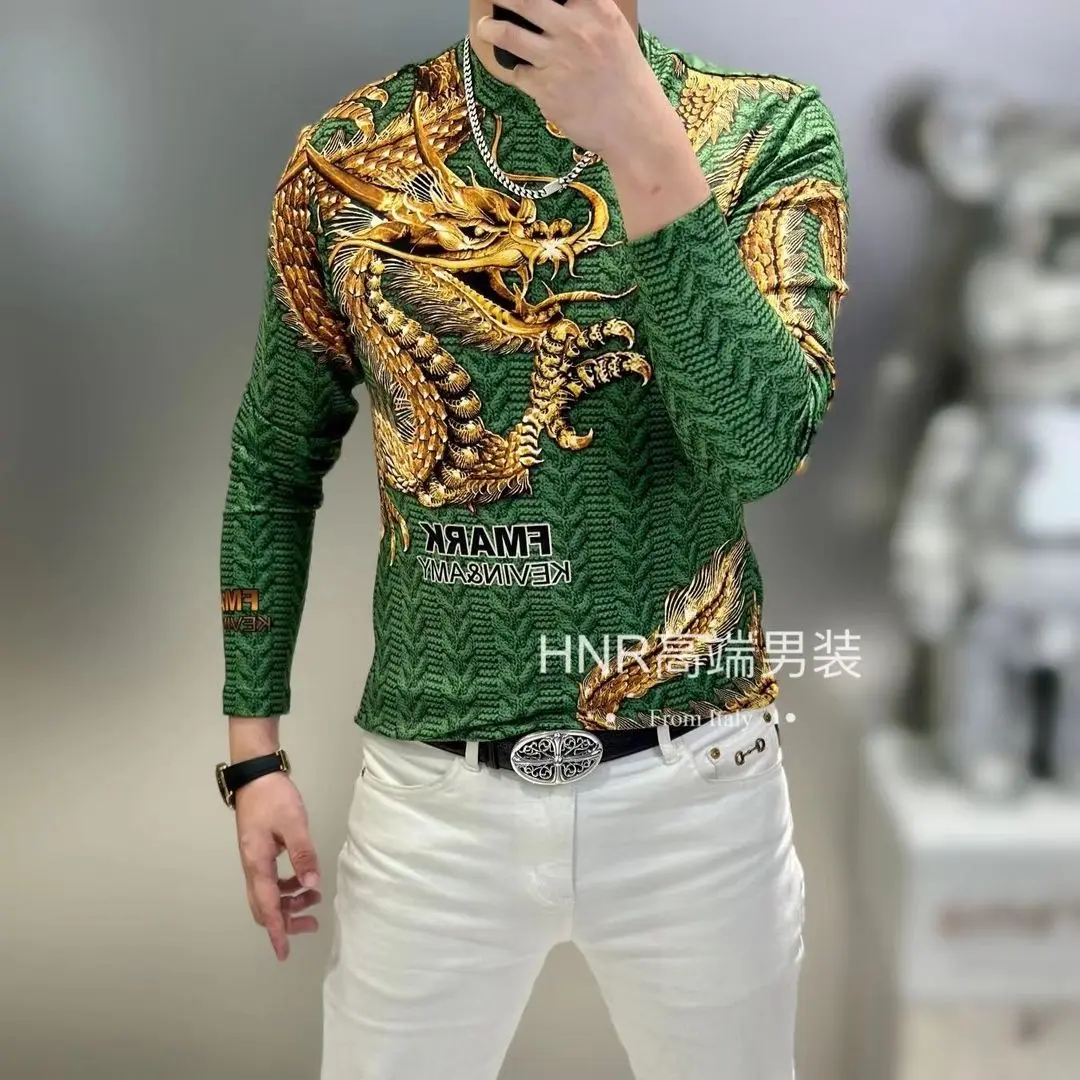 New High-end Men Round Neck Sweatshirt Slim Casual Light Luxury Domineering Over-the-shoulder Gold Dragon Velvet Sweater