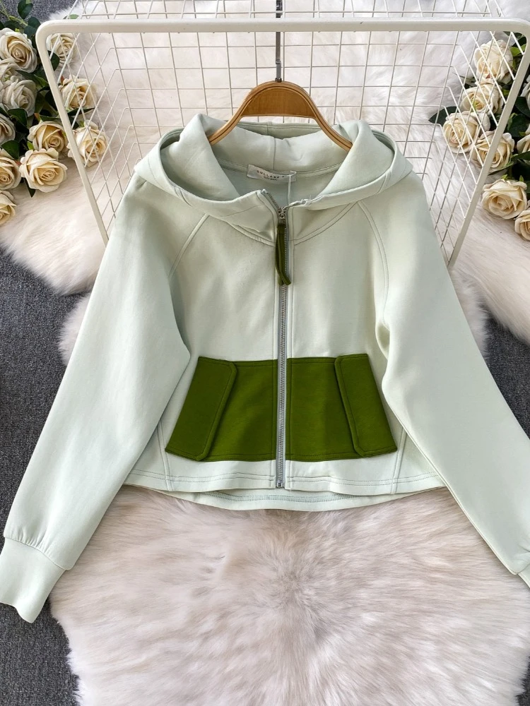 طقم رياضي كاجوال مكون من قطعتين تصميم خريفي للسيدات جاكيت بقلنسوة وسحاب ملون متباين + بنطال تنحيف عالي الخصر #2