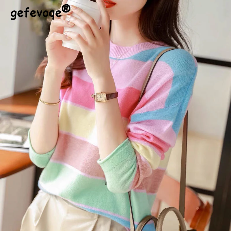 Rainbow Striped Round Neck Slim Sweet Korean Knitwear Women Spring Autumn Casual Long Sleeve Pullover Tops Chic Knitted Sweaters