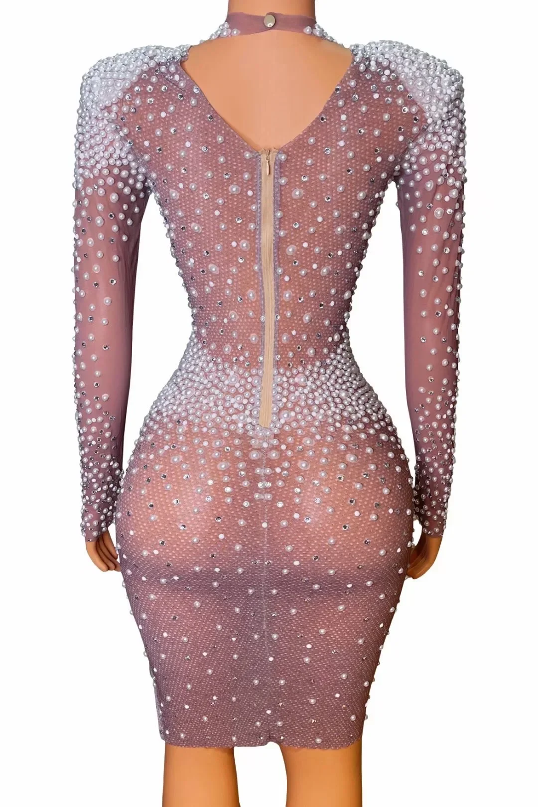 Nude Shining Rhinestones Sexy Split Long Short Dress For Women Celebrity Evening Clothing Singer Stage Costumes Party Wears