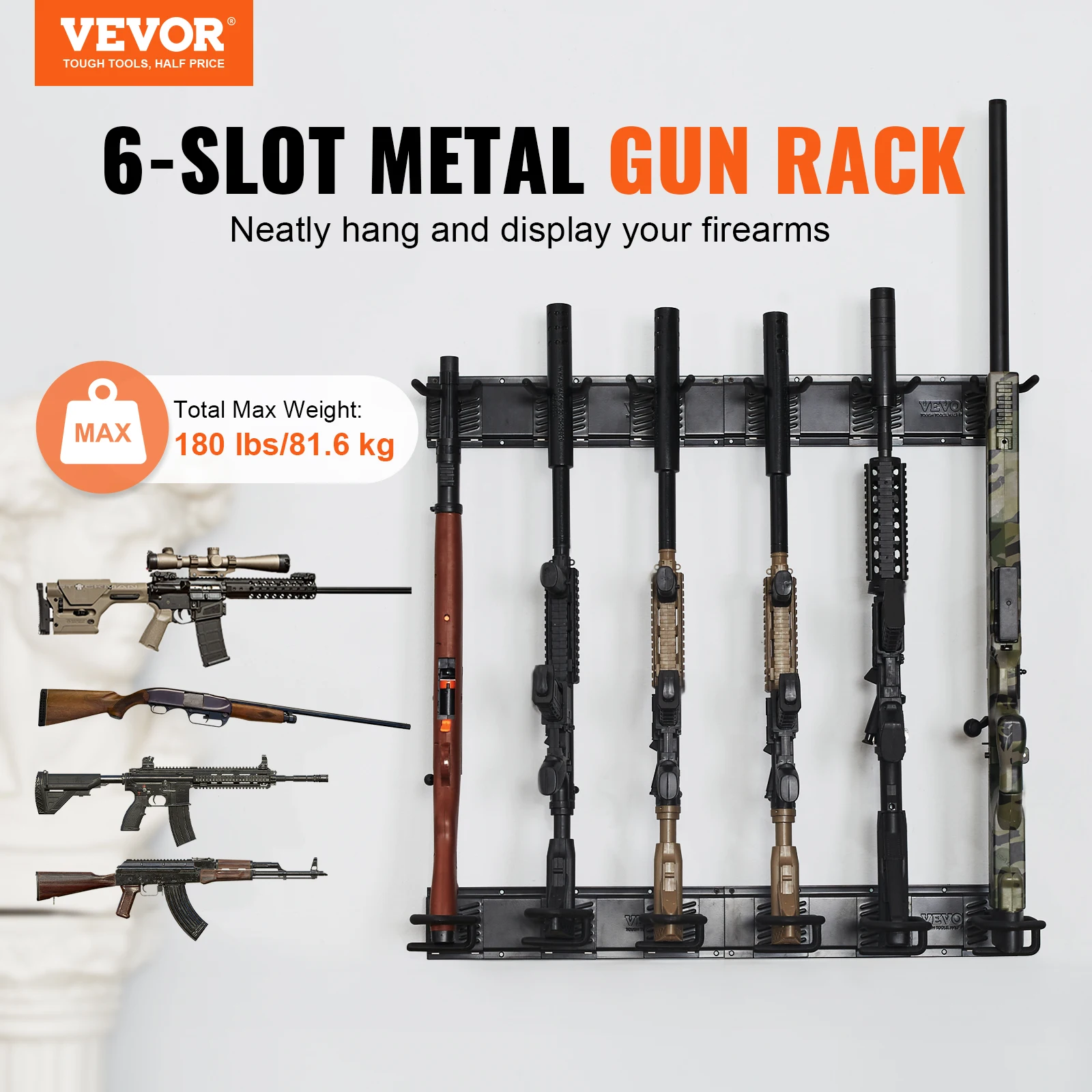 VEVOR Gun Rack 6-Slot Vertical Rifle Shotgun Gun Rack 180 lbs Heavy Duty Metal Wall Gun Rack Display Stand with Soft Padding