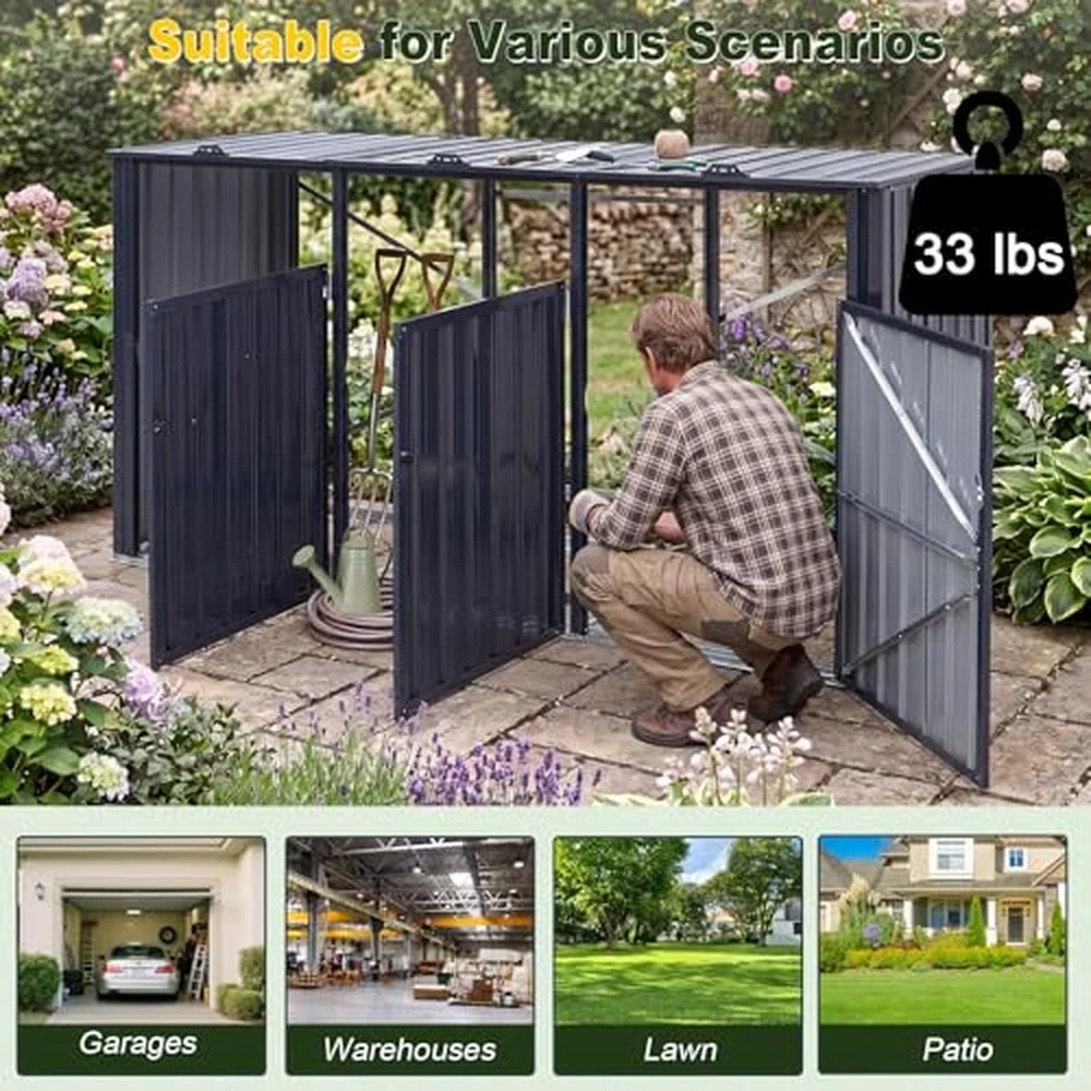 7.8 x 2.6 FT 3 Bin Metal Outdoor Trash Can Storage Shed