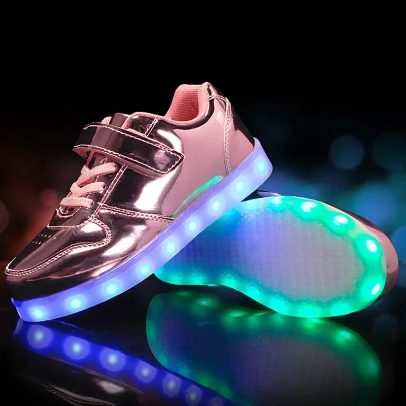 Children Sport Shoes LED Luminous Shoes Leather Flat Board Shoe USB Charging Light Up Sneakers Boys Girls New Casual Footwear