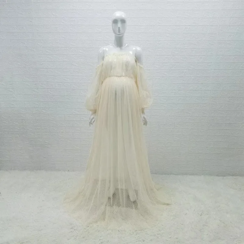 Ponto branco ver através do vestido de maternidade, vestido longo fotografia, vestido prenhe, tiro fotográfico maternidade, tule elegante