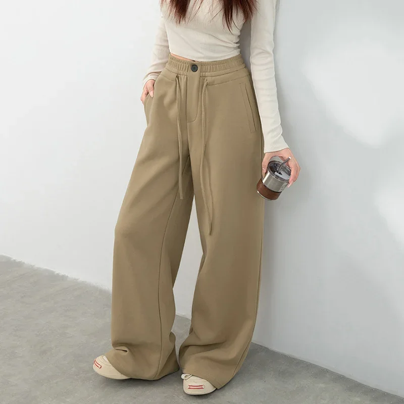 

Korean Fashion Wide Leg Trousers Women Chic Drawstring High Waist Baggy Pants Woman Streetwear Loose Warm Sport Pants Female